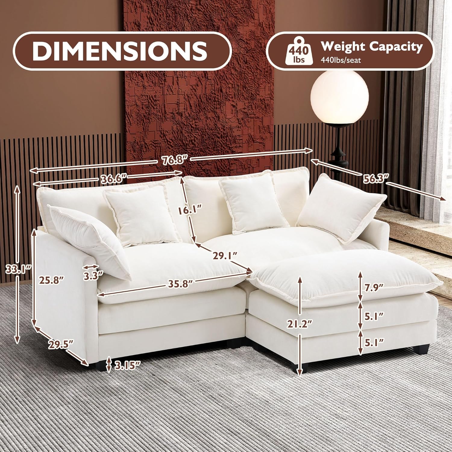 111.4 Inch L Shaped Modern Sofa Modular Cloud Sofa with Ottoman 4 Seater Chenille Deep Seat Sofa wourant