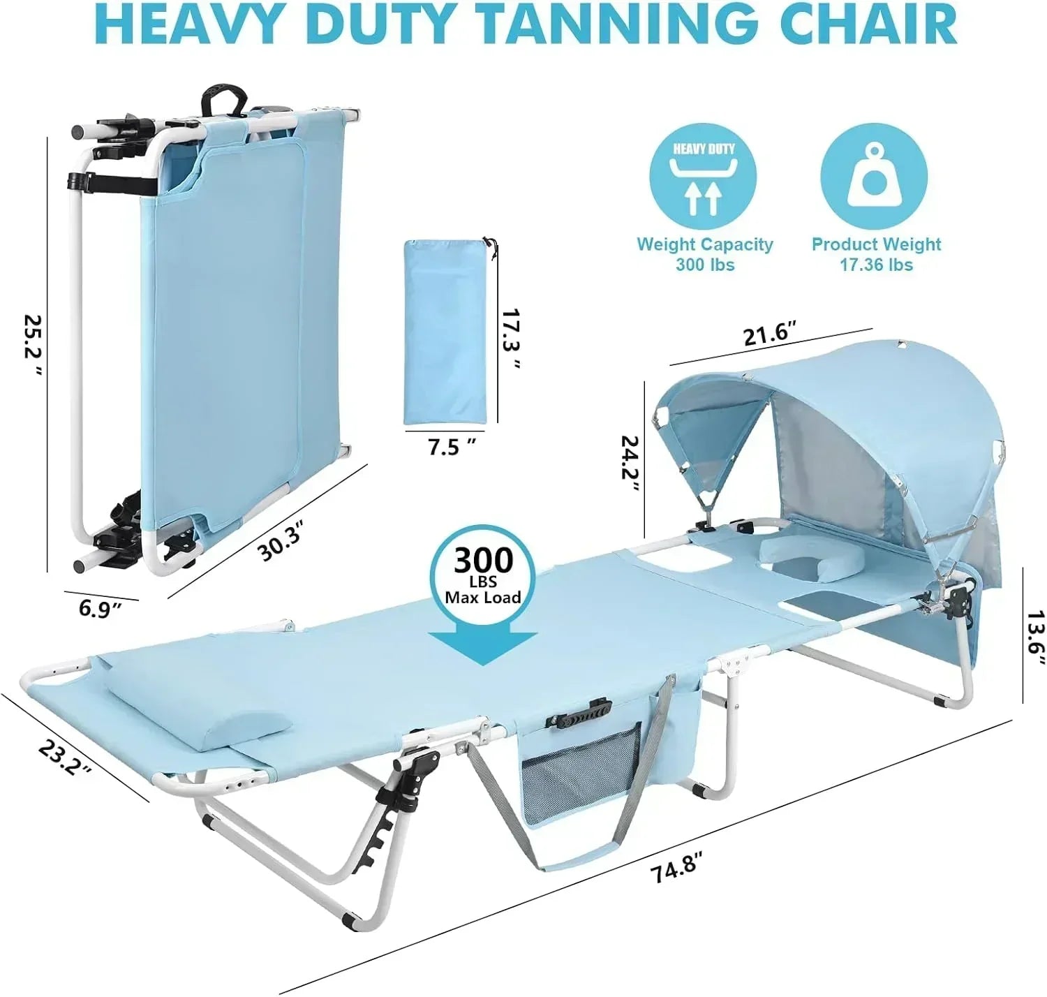 Tanning Chair with Sun Canopy Face Hole Folding Chaise Lounge Chair 5 Position Reclining wourant