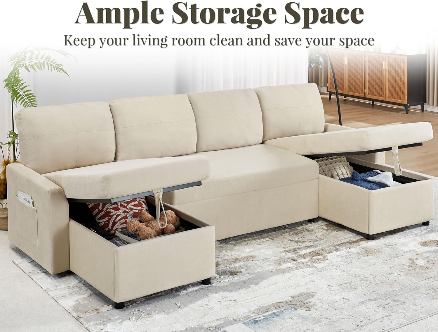 VanAcc Sofa Bed Sleeper Sofa with Storage Chaise 2 in 1 Pull Out Couch Living Room wourant