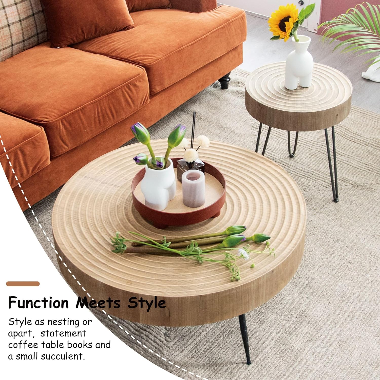 Two-Piece Modern Farmhouse Living Room Coffee Table Set Round Nesting Tables wourant