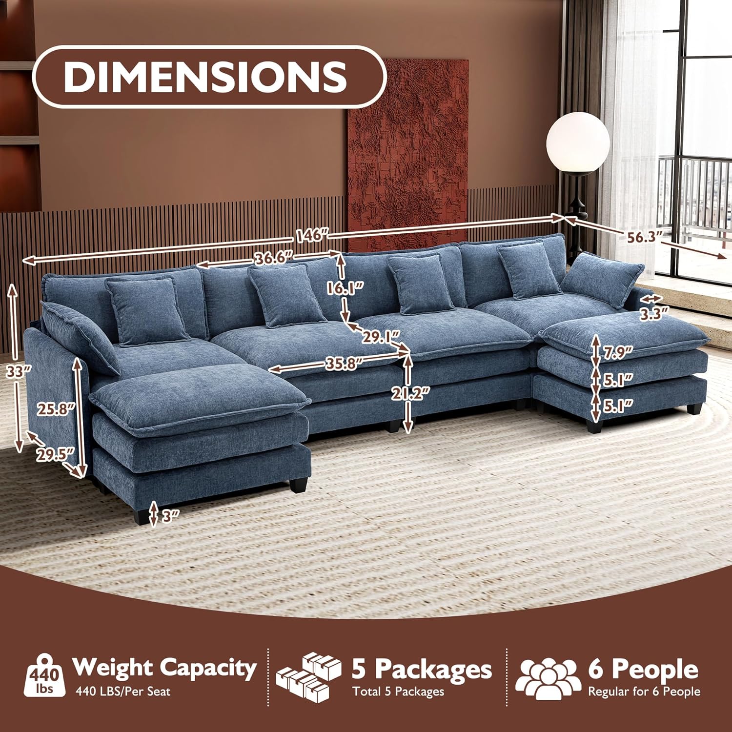 111.4 Inch L Shaped Modern Sofa Modular Cloud Sofa with Ottoman 4 Seater Chenille Deep Seat Sofa wourant