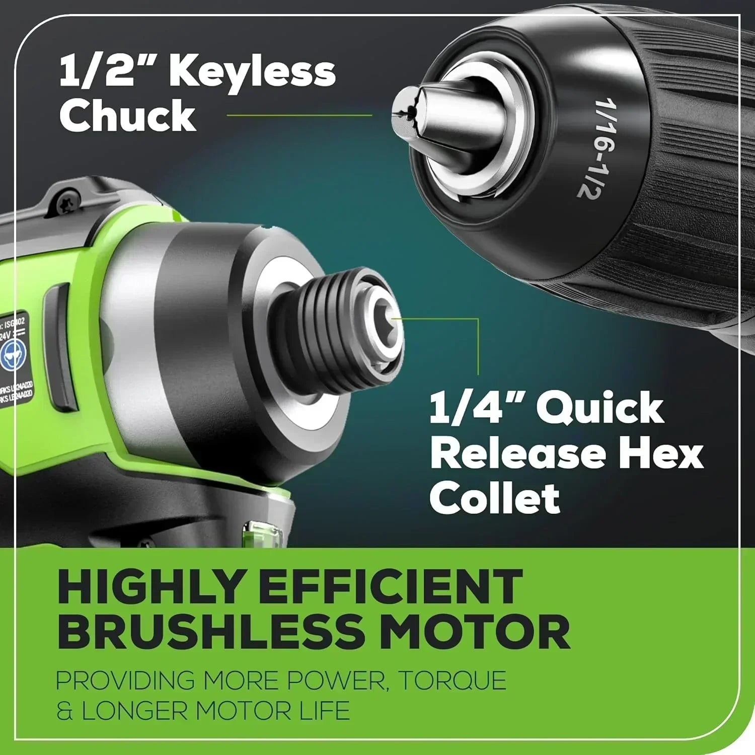 24V Brushless Cordless Drill Impact Driver Power Tool Combo Kit Included 1/2”Drill & 1/4”Hex wourant