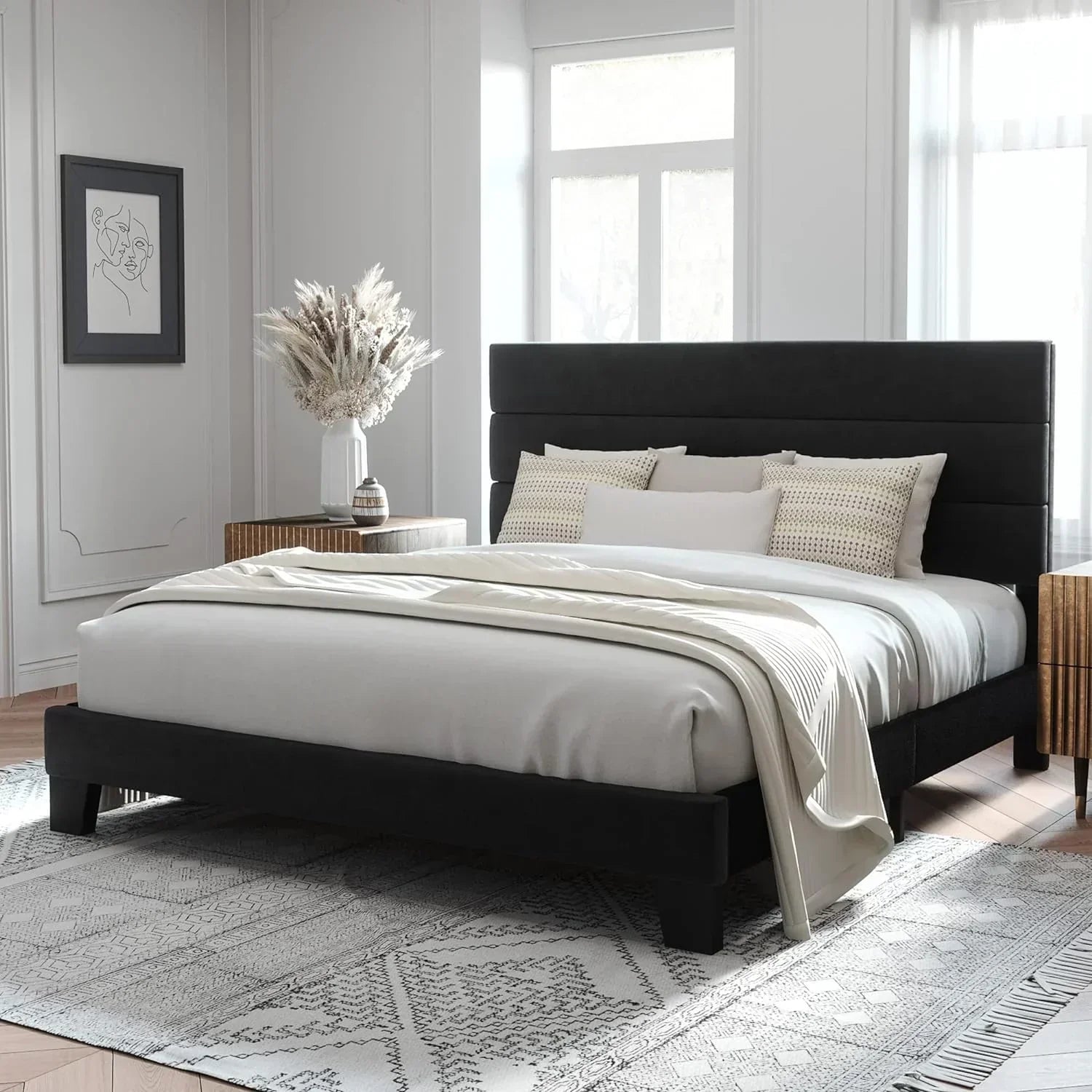 Allewie King size platform bed frame with velvet upholstered headboard and planks wourant