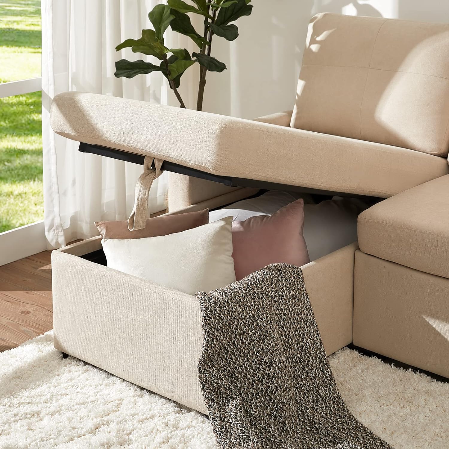VanAcc Sofa Bed Sleeper Sofa with Storage Chaise 2 in 1 Pull Out Couch Living Room wourant