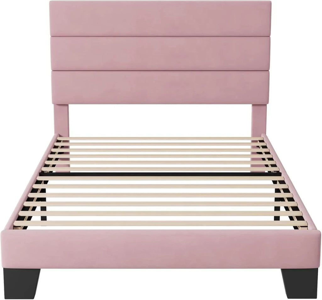 Allewie Queen Size Platform Bed Frame with Fabric Upholstered Headboard Wooden Slats Support wourant