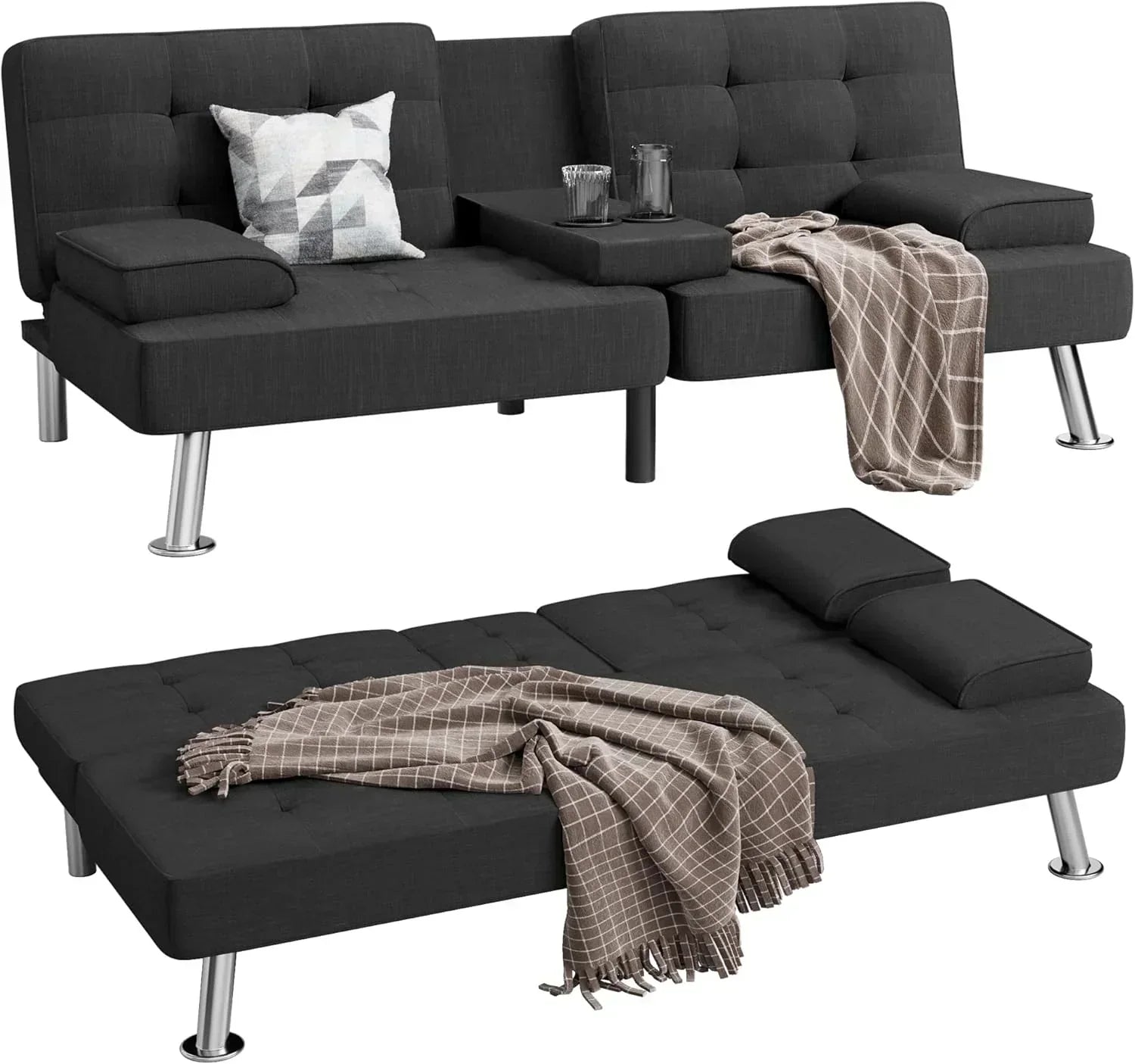 Shahoo Modern Linen Upholstered Convertible Folding Futon Sofa Bed with Removable Armrests wourant