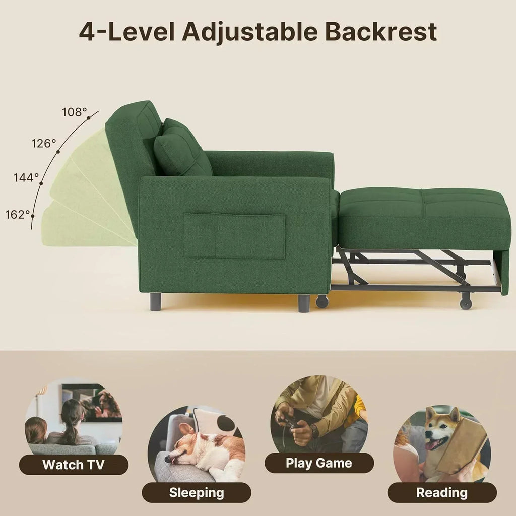 Sofa Bed Chair 3 in 1 Convertible Pullout Single Sleeper Chair Bed Spacious Multifunctional Sofa wourant