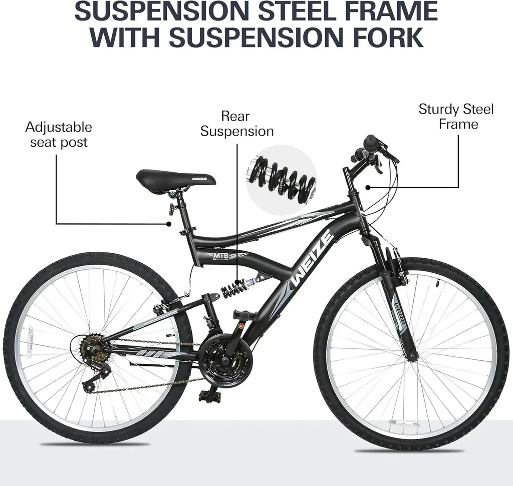 WEIZE Mountain Bike 26 27.5 inch Outdoor Hybrid Bikes 18-Speed High-Carbon Steel Full Suspension wourant