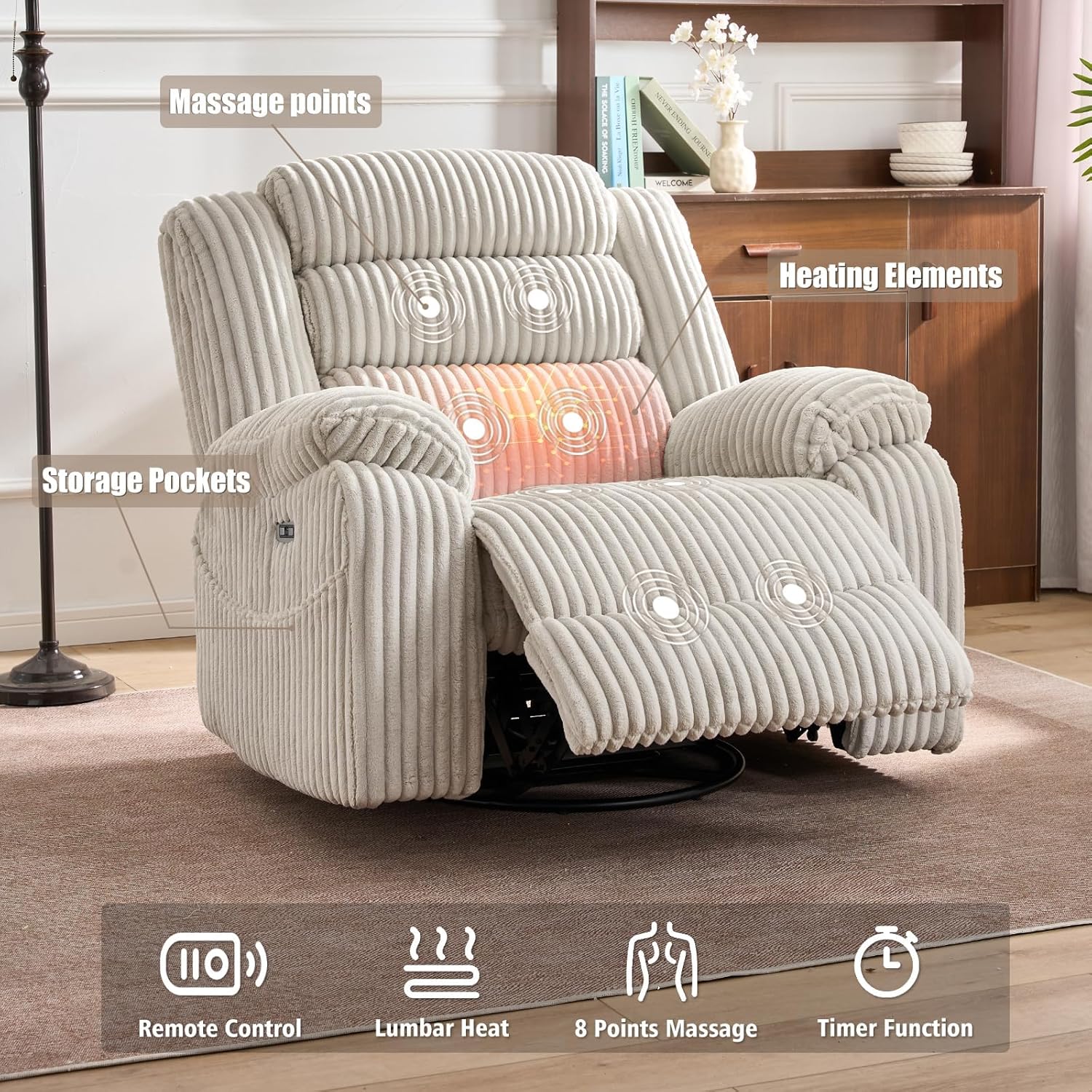 Electric rotary rocker lounge chair for adults with massage and calories USB charging ports wourant