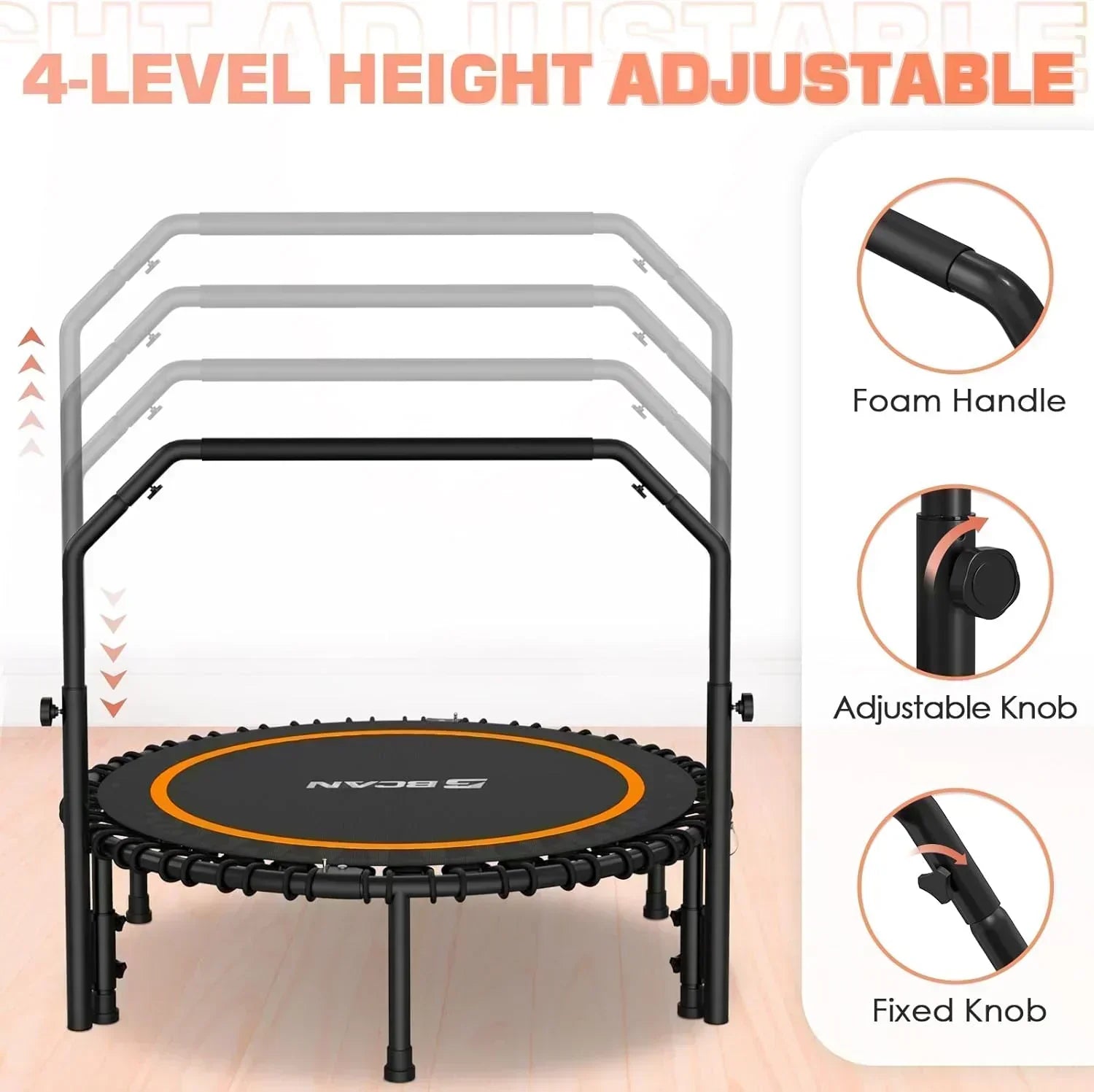 BCAN 450/550 LBS Foldable Mini Trampoline Fitness Trampoline Bungees Adjustable Foam Handle wourant