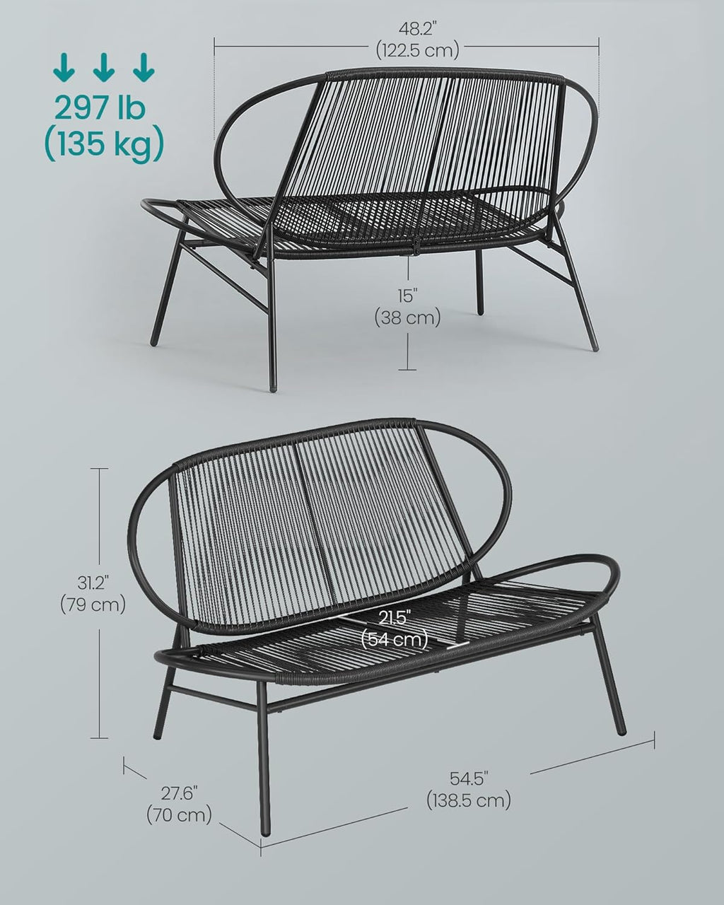 Outdoor Settee 2-Seat Garden Furniture with Backrest PE Rattan wourant