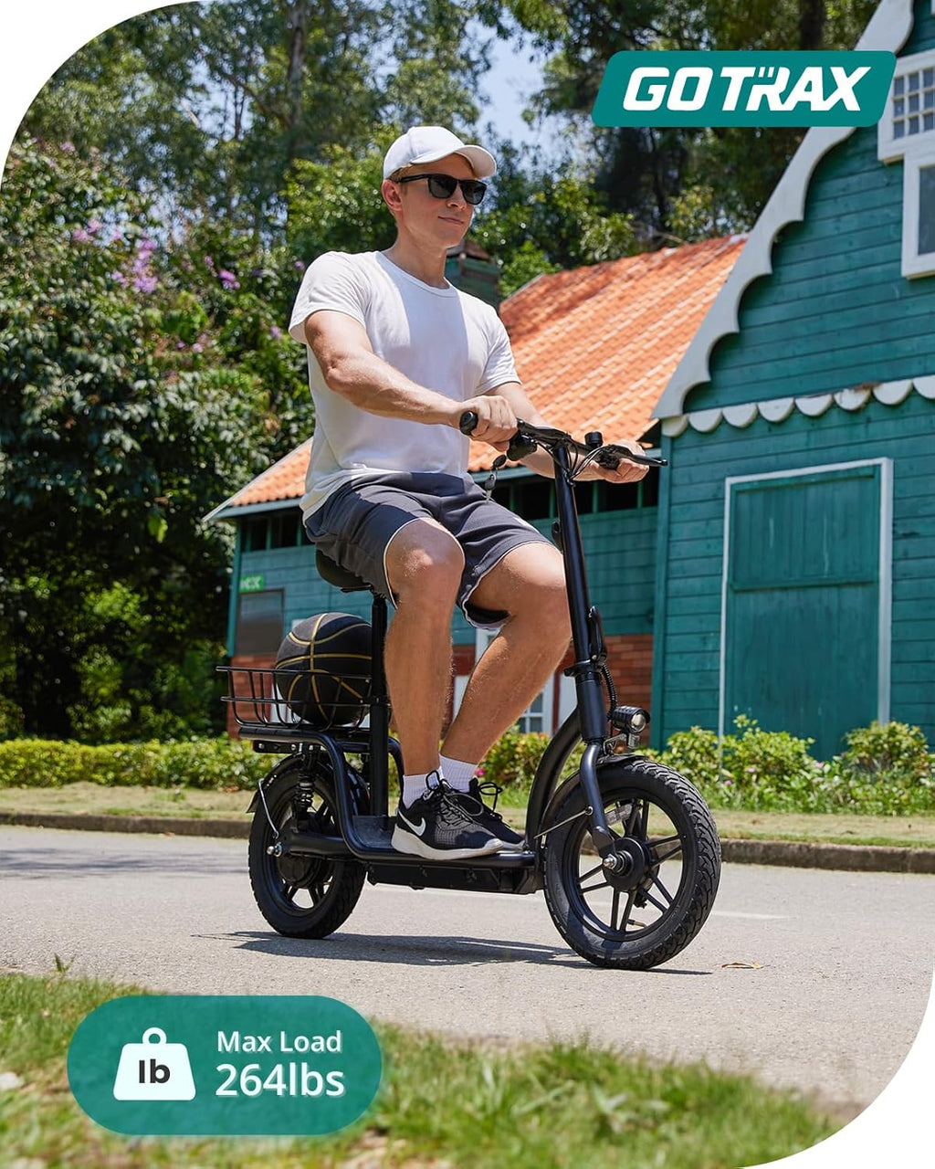 Gotrax adult electric scooter with seat maximum range of 19-25 miles all-terrain tires wide pedals wourant