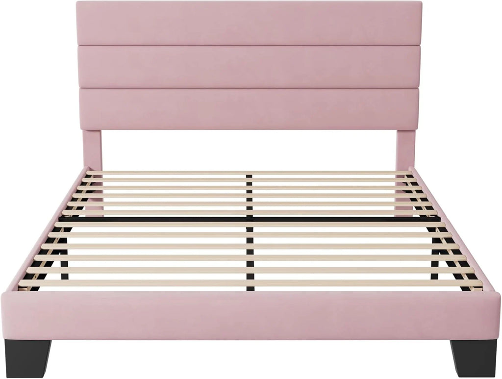 Allewie Queen Size Platform Bed Frame with Fabric Upholstered Headboard Wooden Slats Support wourant