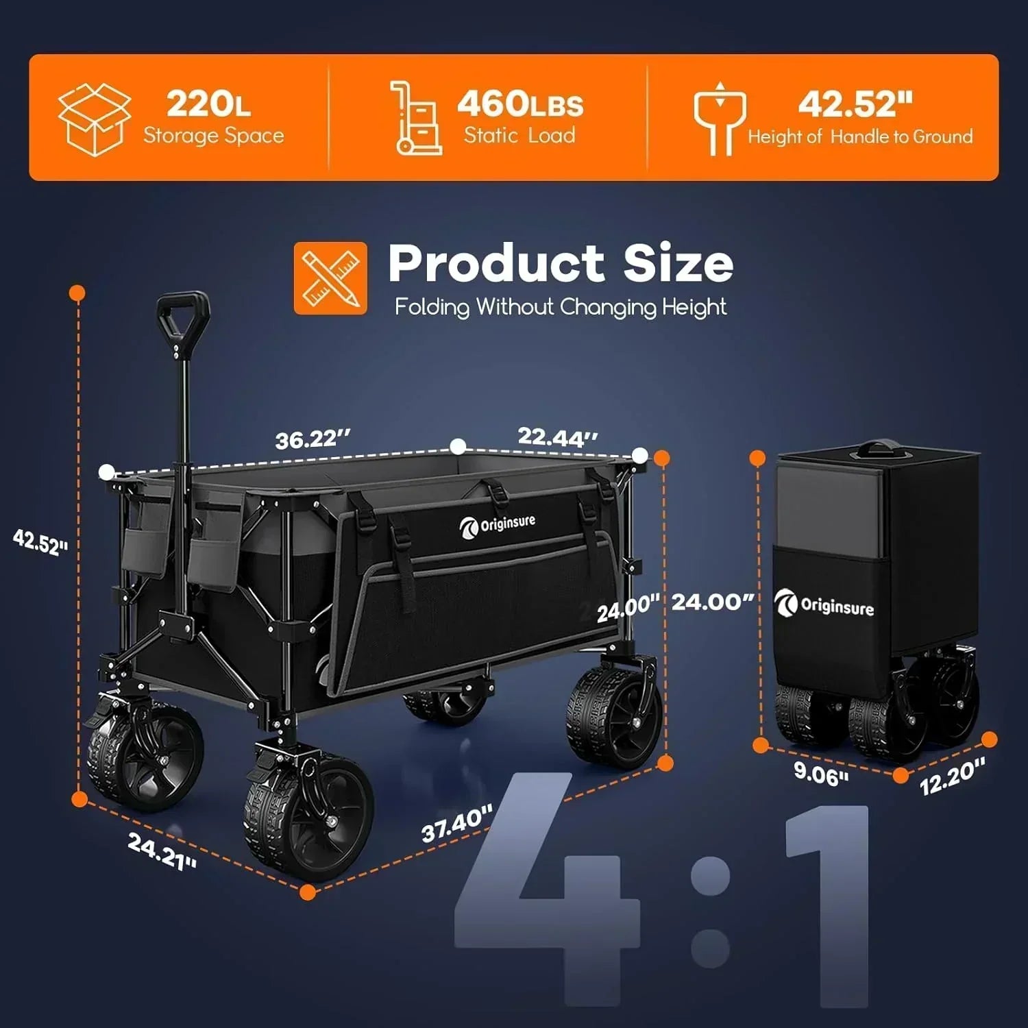 38" long foldable four-wheel stroller 460 lb capacity 220 liter folding beach stroller wourant