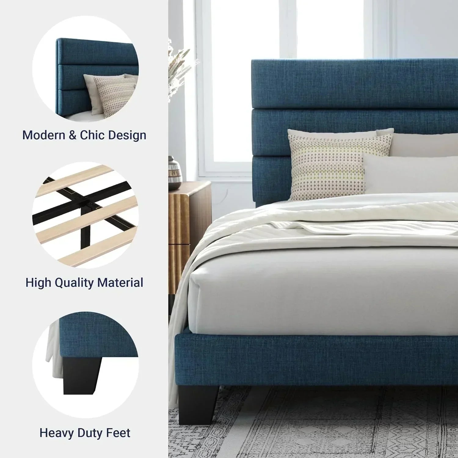 Allewie King size platform bed frame with velvet upholstered headboard and planks wourant
