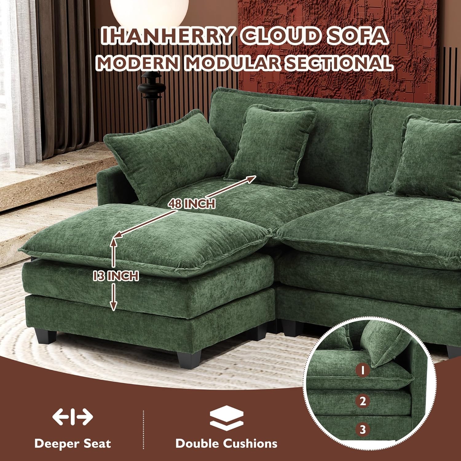 111.4 Inch L Shaped Modern Sofa Modular Cloud Sofa with Ottoman 4 Seater Chenille Deep Seat Sofa wourant