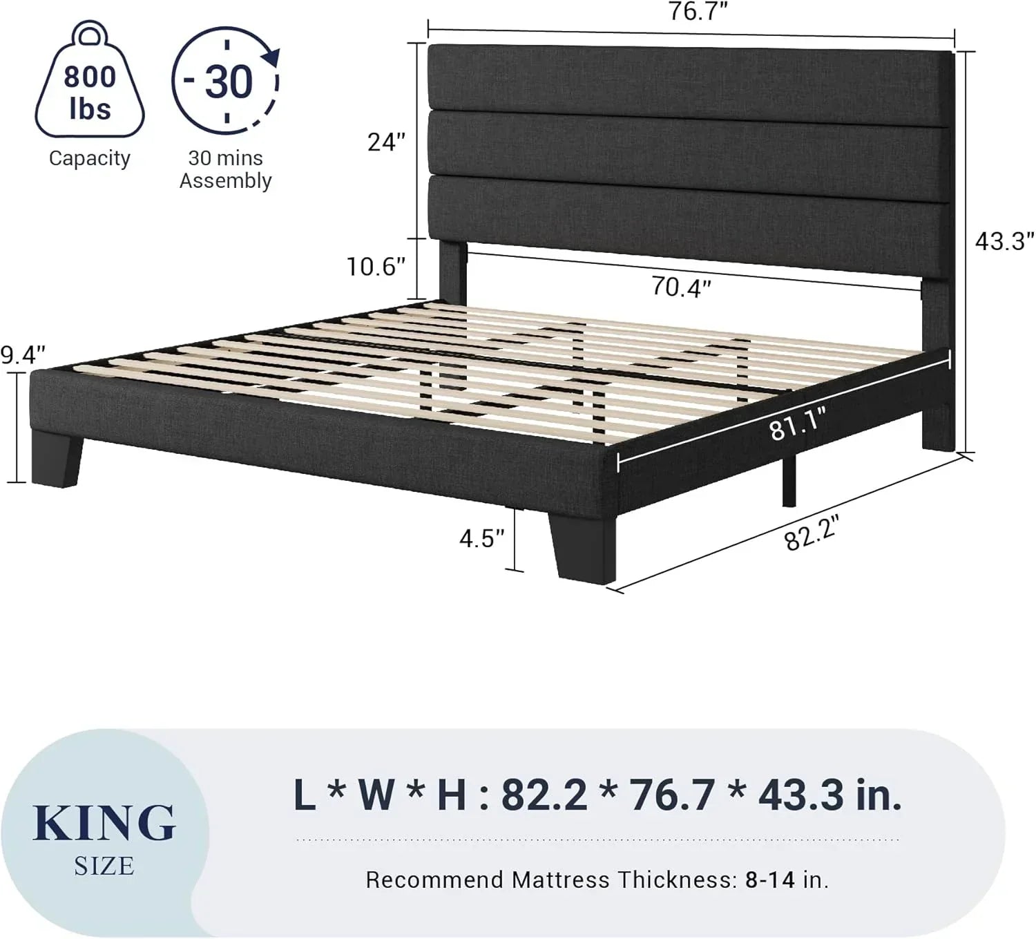 Allewie King size platform bed frame with velvet upholstered headboard and planks wourant