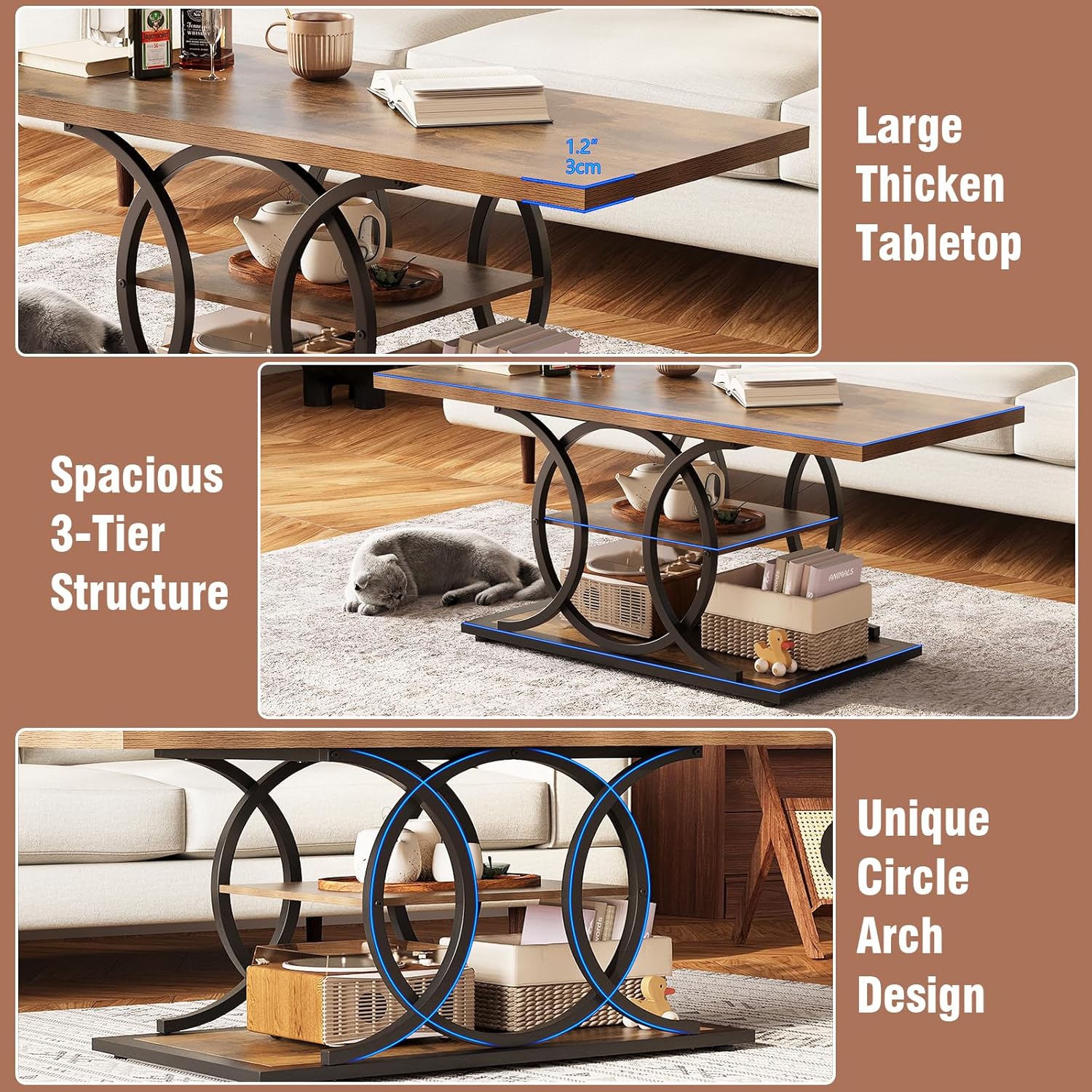 GiftGo Rustic Style Coffee Table Storage Industrial Style Three Tier Centerpiece Living Room Table wourant
