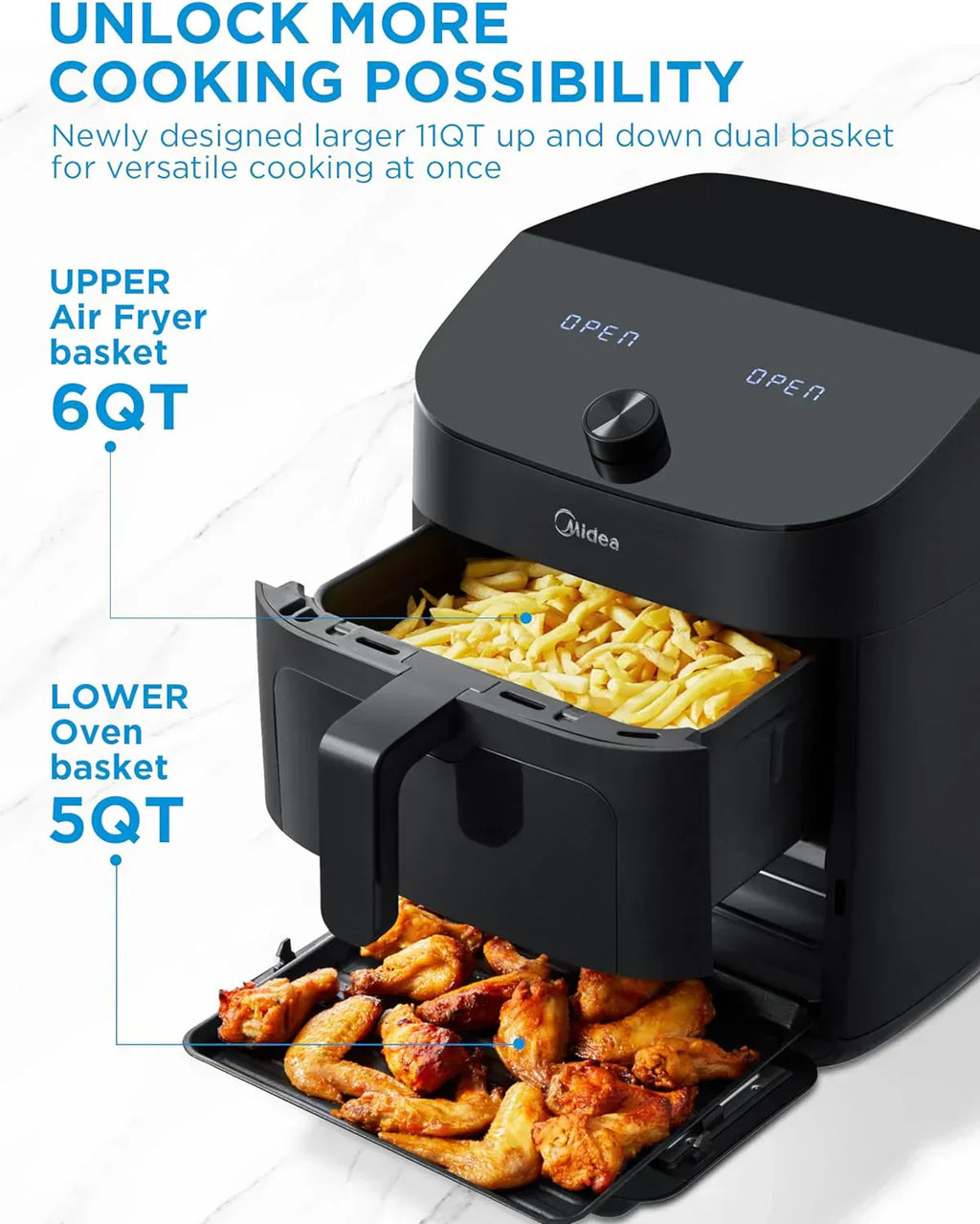 Dual Basket Air Fryer Oven 11 Quart 8 in 1 Functions Clear Window Smart Sync Finish Works wourant