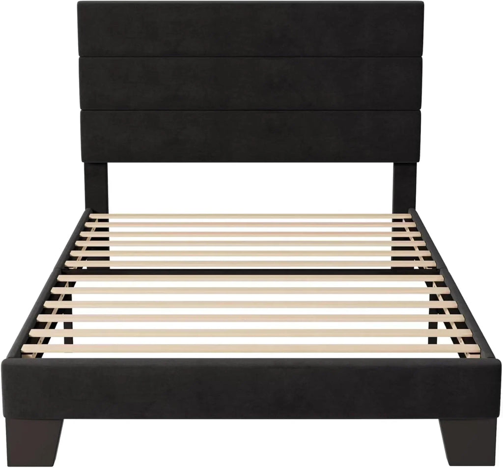 Allewie King size platform bed frame with velvet upholstered headboard and planks wourant