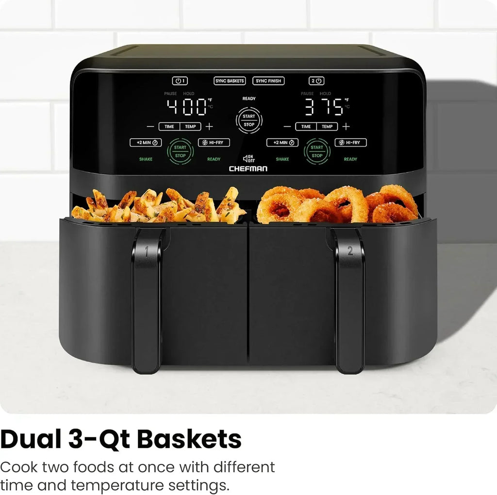 Chefman 6-Quart Dual Basket Air Fryer Digital Touchscreen Smart Sync Finish High-Frying wourant