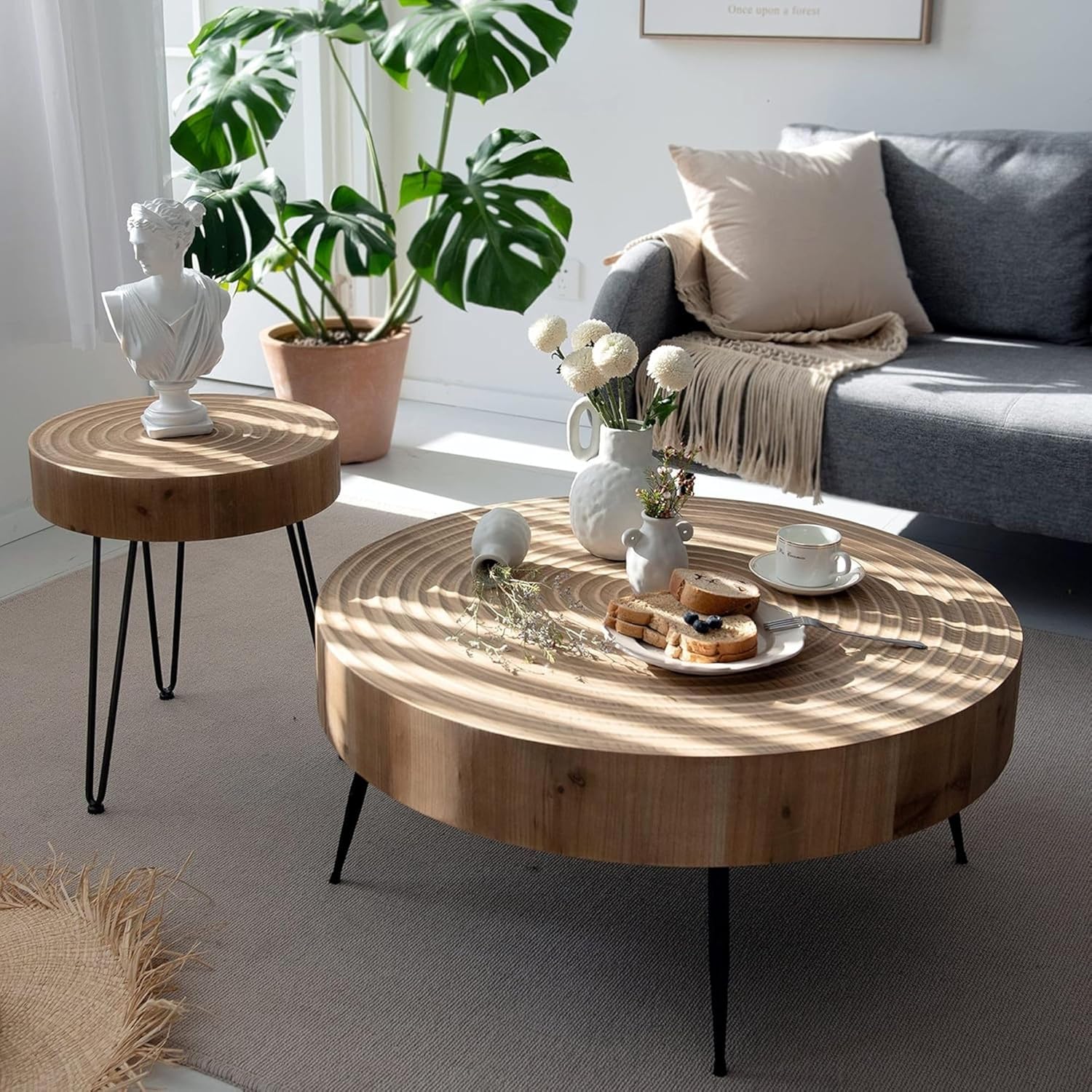 Two-Piece Modern Farmhouse Living Room Coffee Table Set Round Nesting Tables wourant