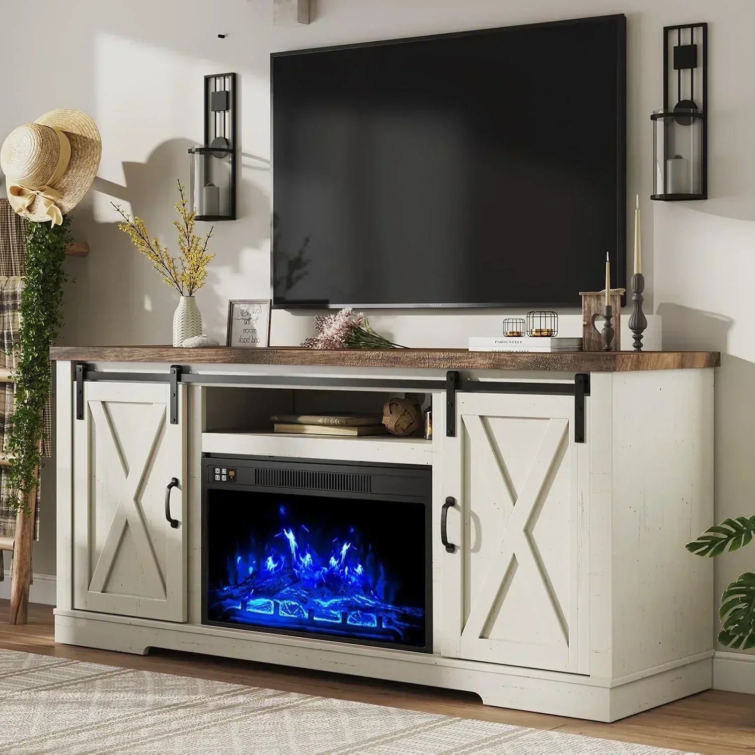 AMERLIFE Fireplace TV Stand with Sliding Barn Door  Farmhouse 63" Fireplace Entertainment Center wourant
