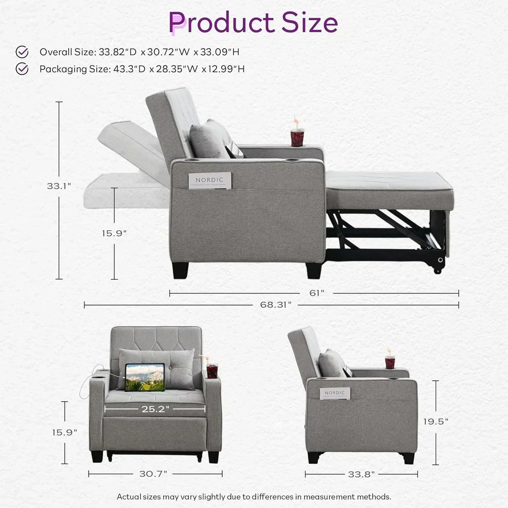 Adult Convertible Sleeper Chair Bed 3-in-1 Pull-Out Sofa Bed with USB/Type-C Ports Cup Holders wourant