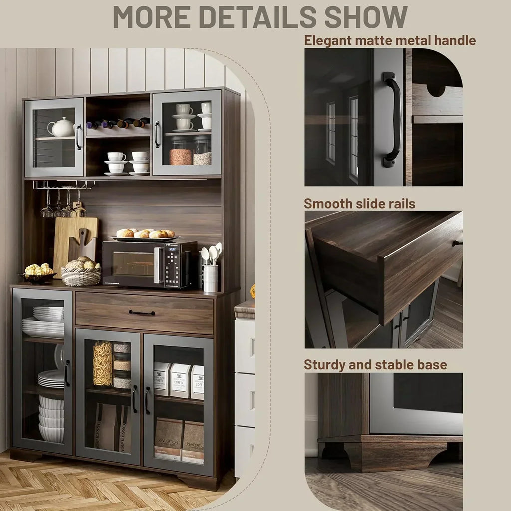 Kitchen Hutch Pantry Cabinet 71" Tall with Glass Doors wourant