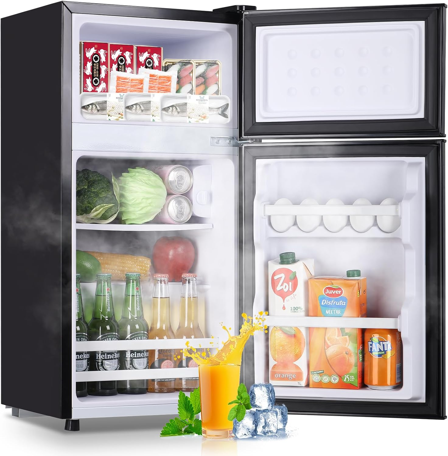 2.4 Cu.Ft Mini Fridge with Freezer & Double Door Small Tiny Size Refrigerator with 7 Temperature Control Knob Only Suitable for One Person Use Black wourant