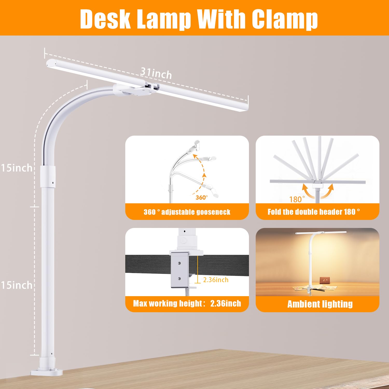 24W LED Desk Lamp with Clamp for Home Office Double Head 5 Brightness 5 Temperatures Gooseneck