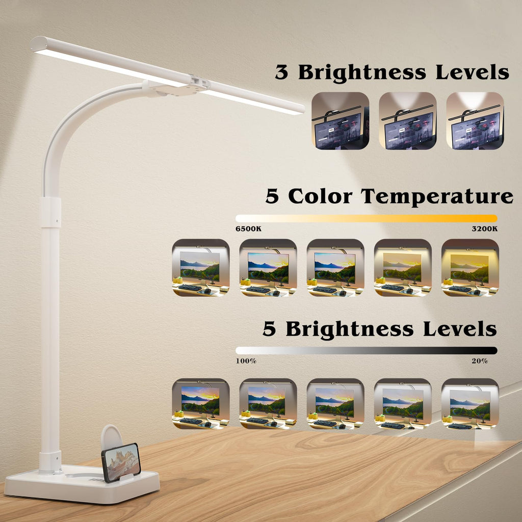 LED Desk Lamp for Home Office Double Head 24W Architect Light with 5 Brightness Levels Flexible Gooseneck