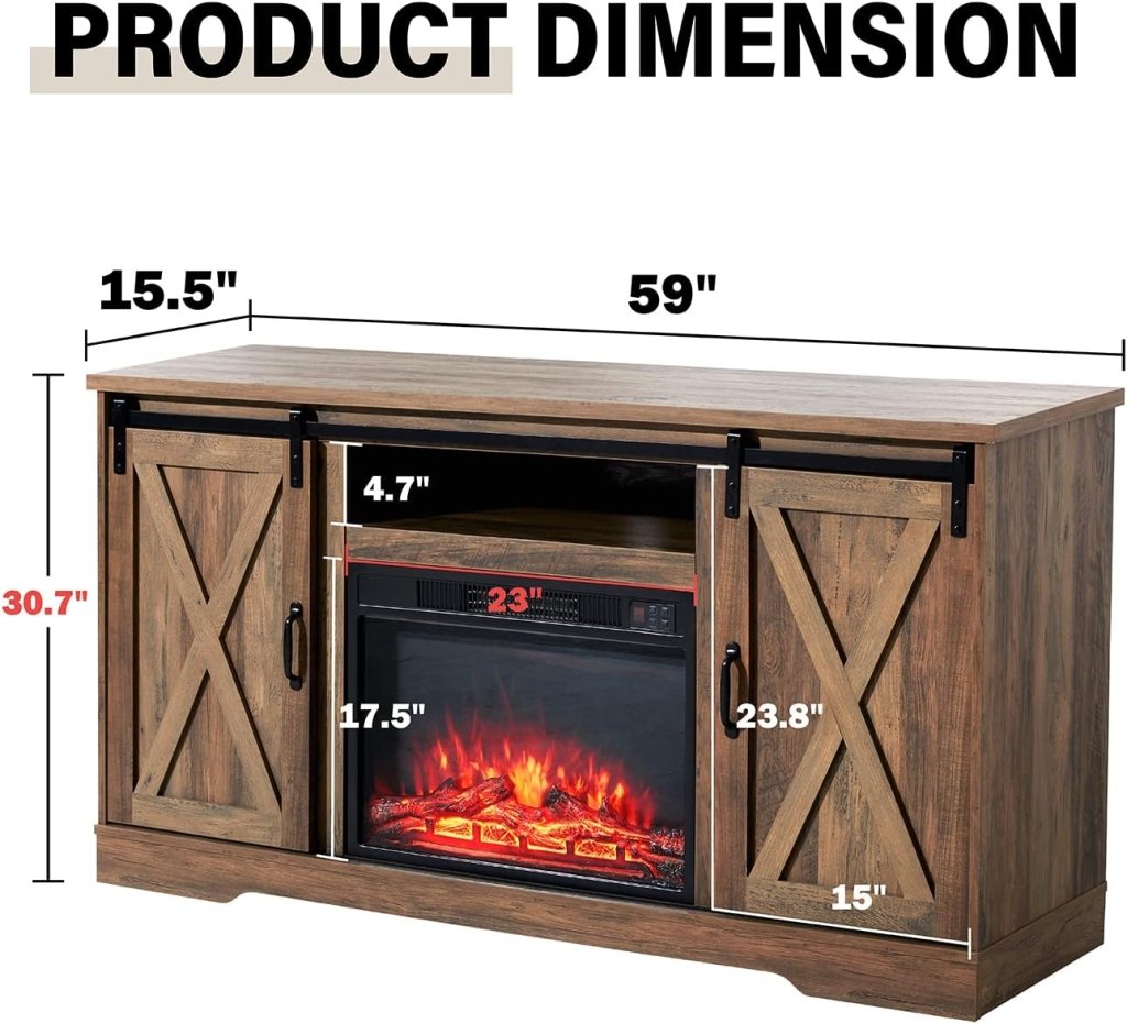 AMERLIFE Fireplace TV Stand with Sliding Barn Door for TVs up to 73", Farmhouse 63" Fireplace Entertainment Center with Storage Cabinets/Adjustable Shelves wourant