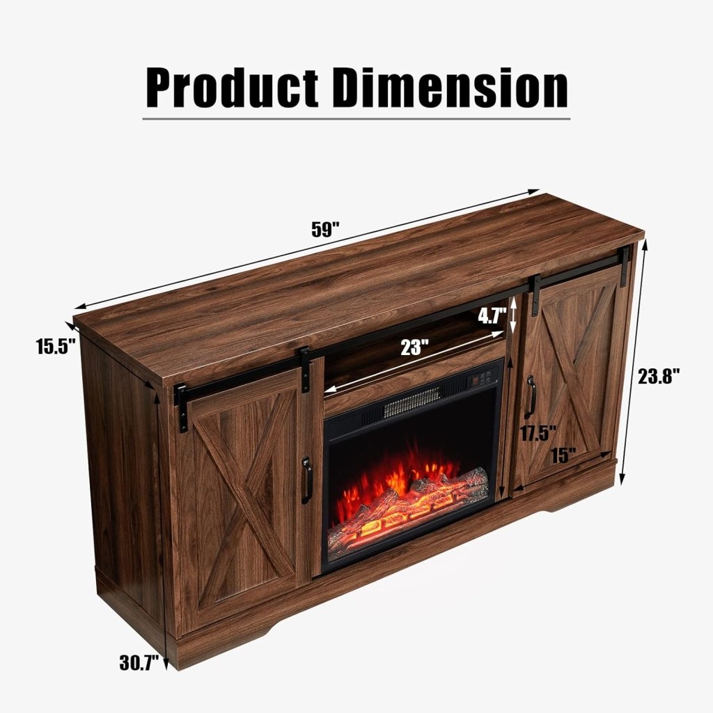 AMERLIFE Fireplace TV Stand with Sliding Barn Door for TVs up to 73", Farmhouse 63" Fireplace Entertainment Center with Storage Cabinets/Adjustable Shelves wourant