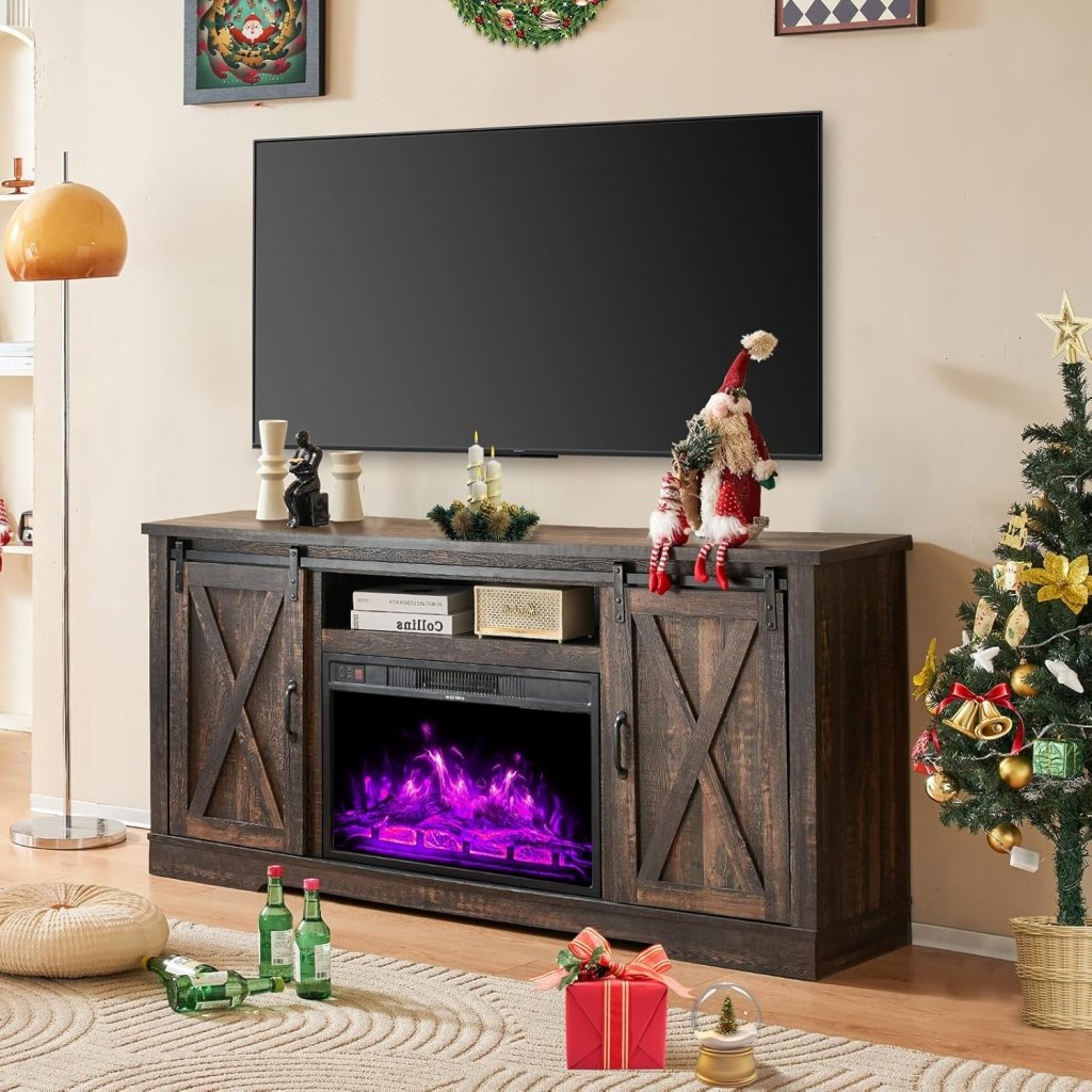 AMERLIFE Fireplace TV Stand with Sliding Barn Door for TVs up to 73", Farmhouse 63" Fireplace Entertainment Center with Storage Cabinets/Adjustable Shelves wourant
