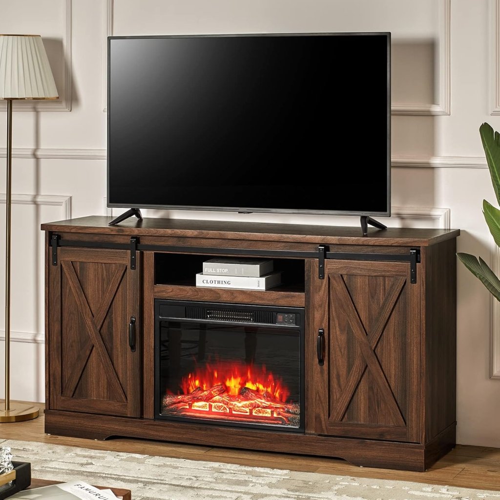 AMERLIFE Fireplace TV Stand with Sliding Barn Door for TVs up to 73", Farmhouse 63" Fireplace Entertainment Center with Storage Cabinets/Adjustable Shelves wourant