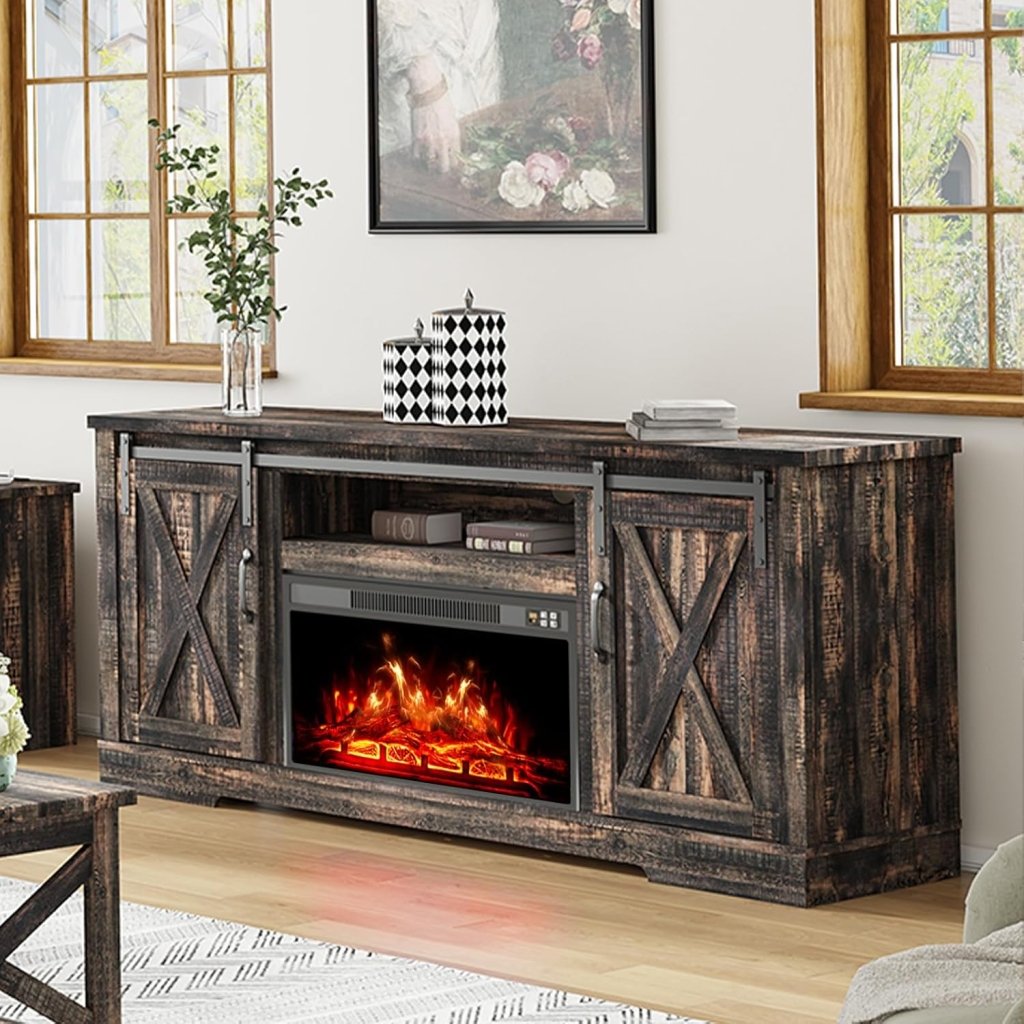 AMERLIFE Fireplace TV Stand with Sliding Barn Door for TVs up to 73", Farmhouse 63" Fireplace Entertainment Center with Storage Cabinets/Adjustable Shelves wourant