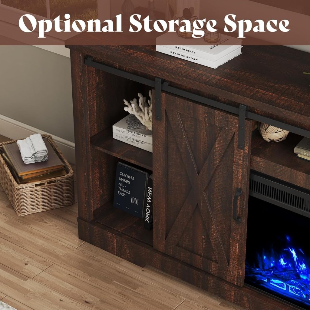 AMERLIFE Fireplace TV Stand with Sliding Barn Door for TVs up to 73", Farmhouse 63" Fireplace Entertainment Center with Storage Cabinets/Adjustable Shelves wourant