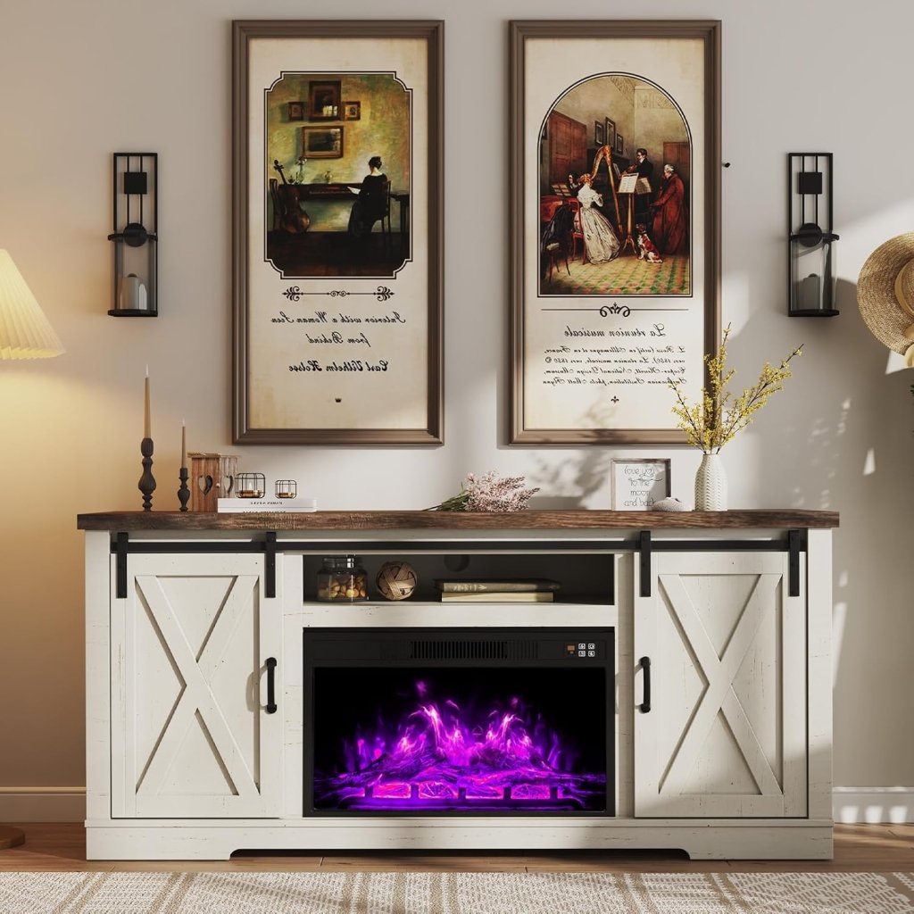 AMERLIFE Fireplace TV Stand with Sliding Barn Door for TVs up to 73", Farmhouse 63" Fireplace Entertainment Center with Storage Cabinets/Adjustable Shelves wourant
