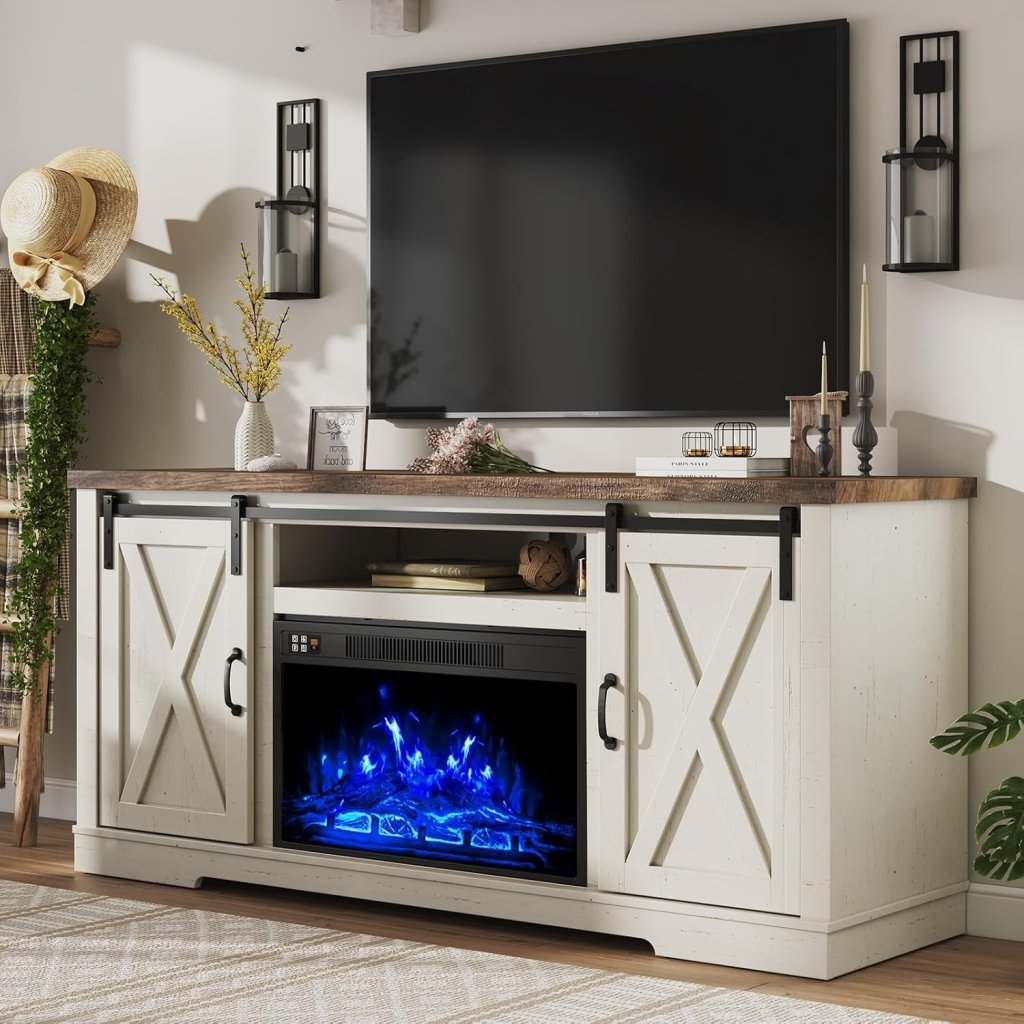 AMERLIFE Fireplace TV Stand with Sliding Barn Door for TVs up to 73", Farmhouse 63" Fireplace Entertainment Center with Storage Cabinets/Adjustable Shelves wourant