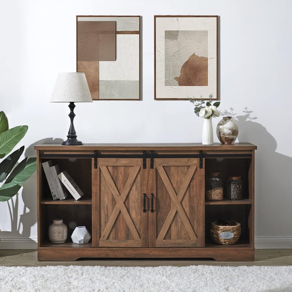 AMERLIFE Fireplace TV Stand with Sliding Barn Door for TVs up to 73", Farmhouse 63" Fireplace Entertainment Center with Storage Cabinets/Adjustable Shelves wourant