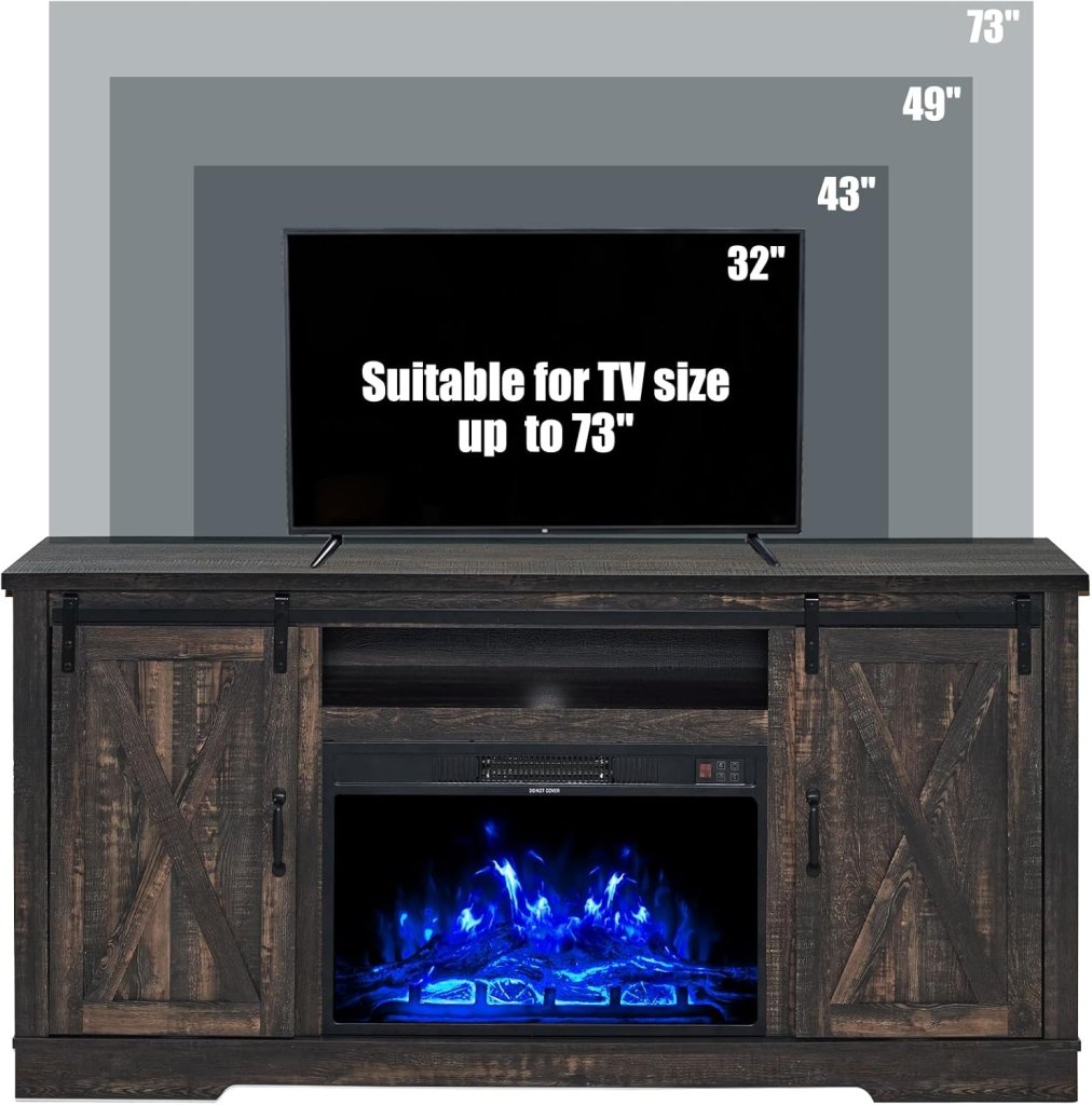 AMERLIFE Fireplace TV Stand with Sliding Barn Door for TVs up to 73", Farmhouse 63" Fireplace Entertainment Center with Storage Cabinets/Adjustable Shelves wourant