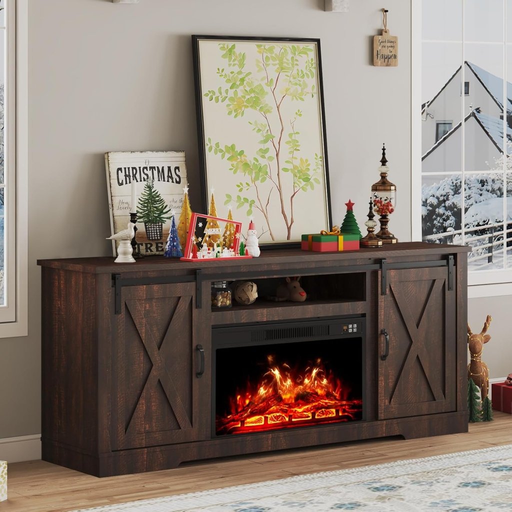 AMERLIFE Fireplace TV Stand with Sliding Barn Door for TVs up to 73", Farmhouse 63" Fireplace Entertainment Center with Storage Cabinets/Adjustable Shelves wourant