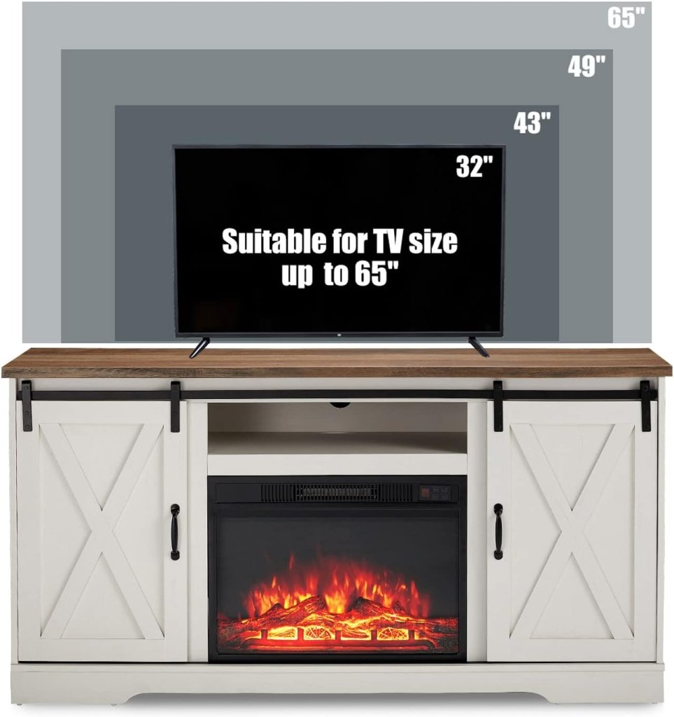 AMERLIFE Fireplace TV Stand with Sliding Barn Door for TVs up to 73", Farmhouse 63" Fireplace Entertainment Center with Storage Cabinets/Adjustable Shelves wourant