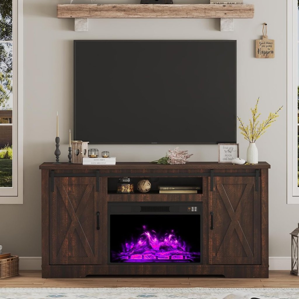 AMERLIFE Fireplace TV Stand with Sliding Barn Door for TVs up to 73", Farmhouse 63" Fireplace Entertainment Center with Storage Cabinets/Adjustable Shelves wourant