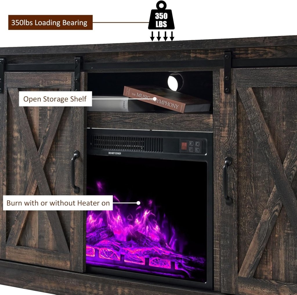 AMERLIFE Fireplace TV Stand with Sliding Barn Door for TVs up to 73", Farmhouse 63" Fireplace Entertainment Center with Storage Cabinets/Adjustable Shelves wourant