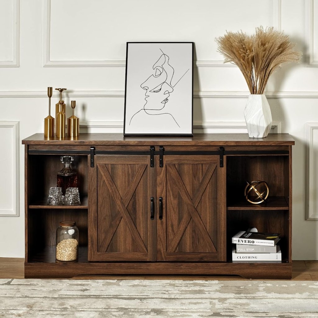 AMERLIFE Fireplace TV Stand with Sliding Barn Door for TVs up to 73", Farmhouse 63" Fireplace Entertainment Center with Storage Cabinets/Adjustable Shelves wourant
