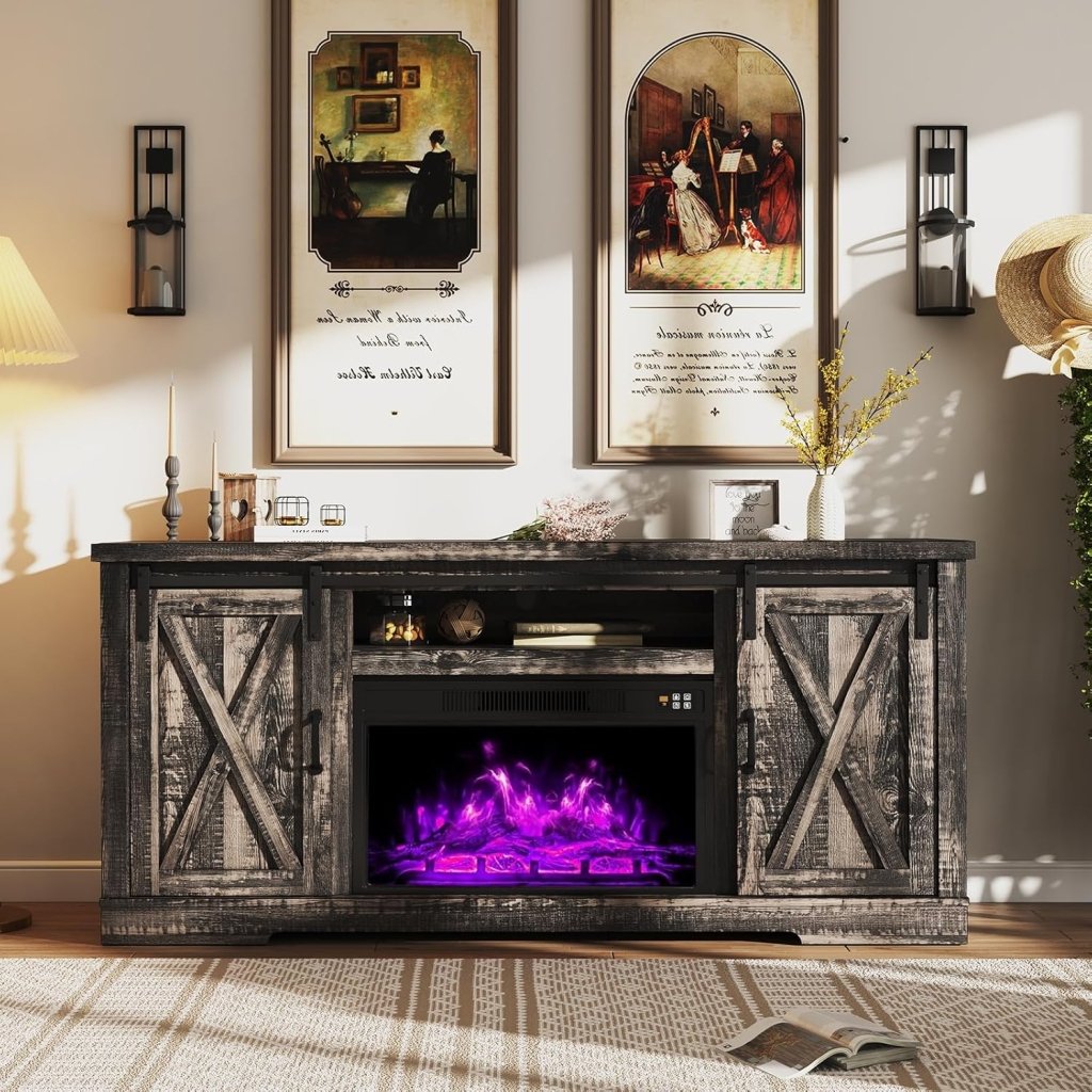 AMERLIFE Fireplace TV Stand with Sliding Barn Door for TVs up to 73", Farmhouse 63" Fireplace Entertainment Center with Storage Cabinets/Adjustable Shelves wourant
