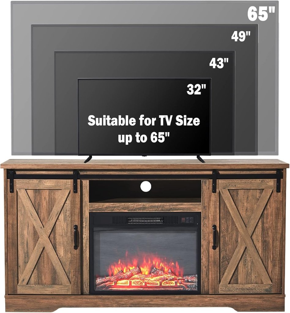 AMERLIFE Fireplace TV Stand with Sliding Barn Door for TVs up to 73", Farmhouse 63" Fireplace Entertainment Center with Storage Cabinets/Adjustable Shelves wourant
