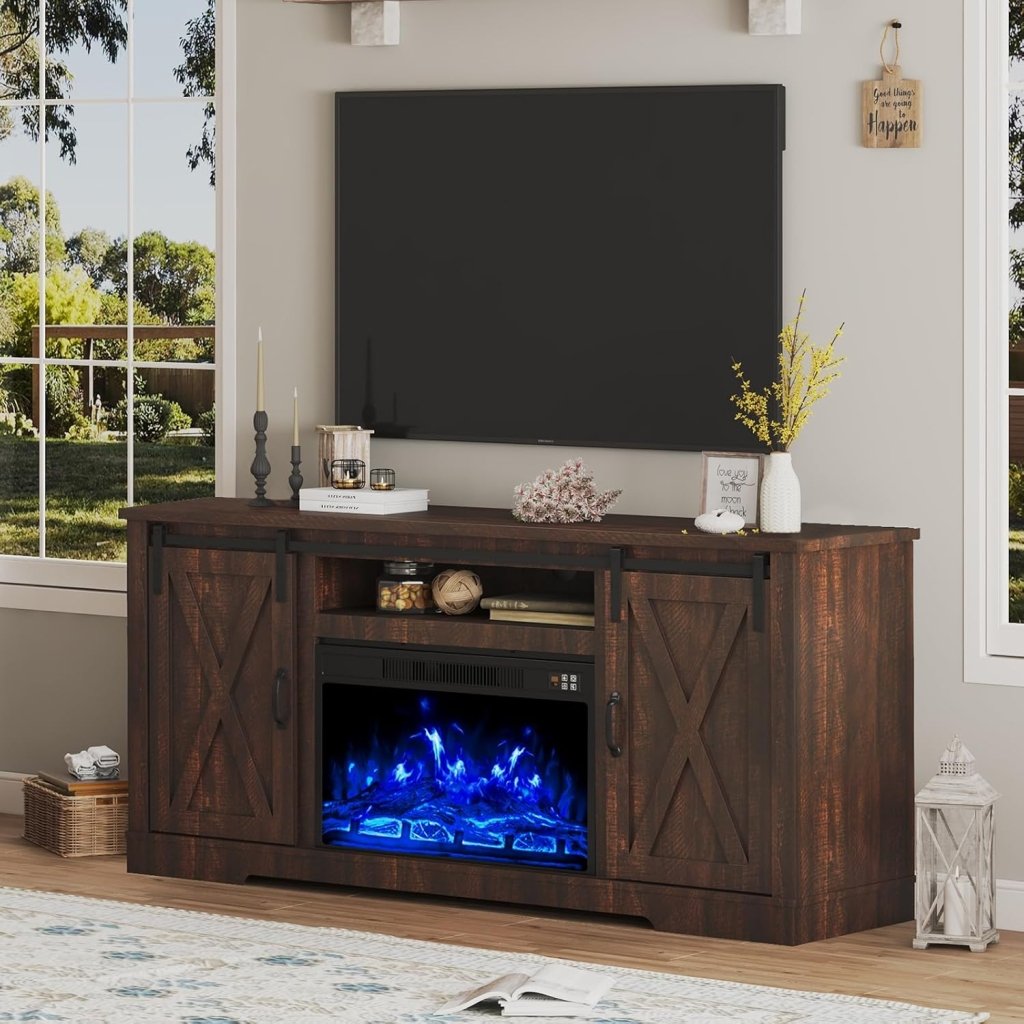 AMERLIFE Fireplace TV Stand with Sliding Barn Door for TVs up to 73", Farmhouse 63" Fireplace Entertainment Center with Storage Cabinets/Adjustable Shelves wourant